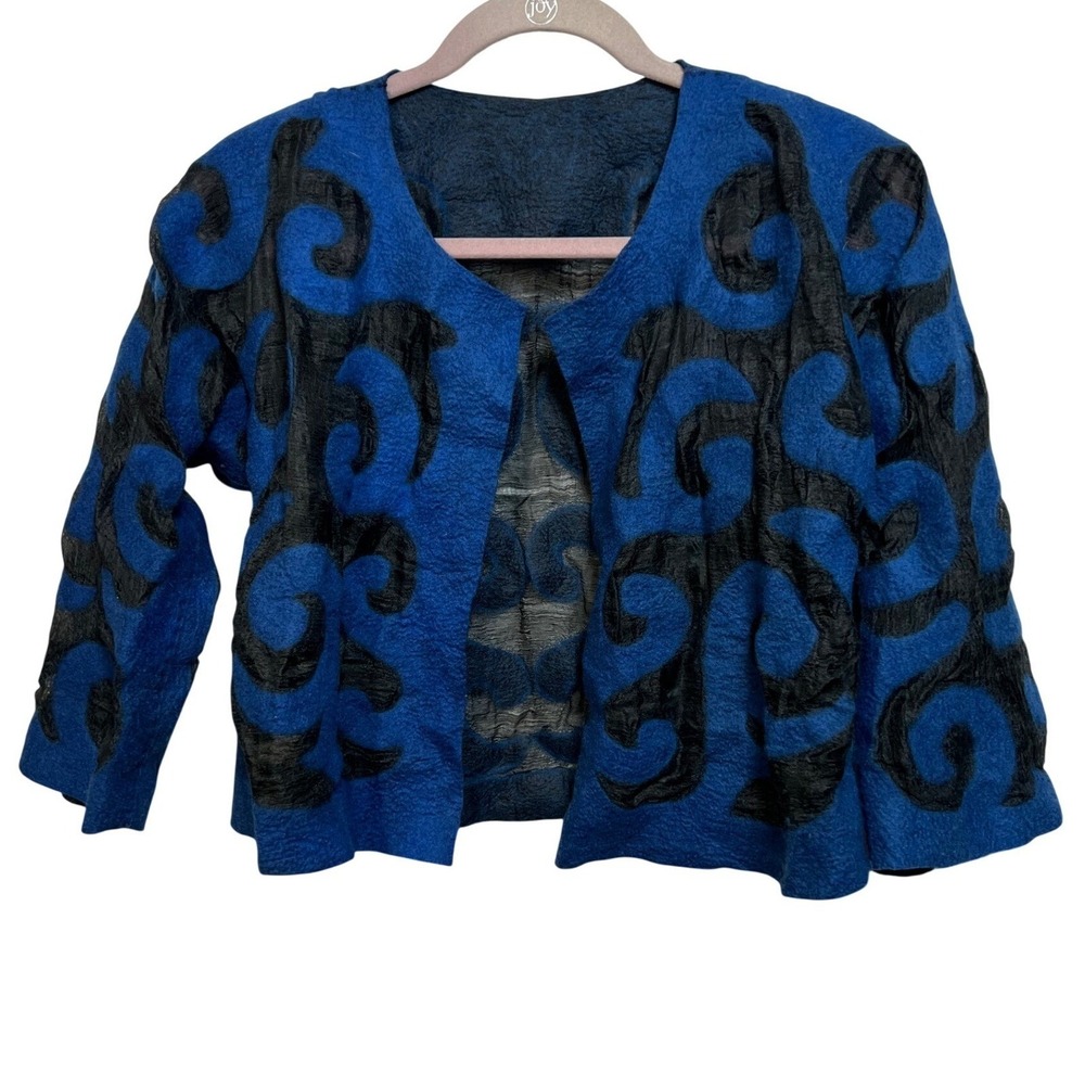 Artisan Womens Nuno Felted Jacket Wool Silk Swirl Blue Black Lagenlook Art Wear